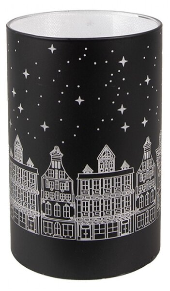 Skleněný černý svícen s LED světýlky městečko v zimě – 8x12 cm