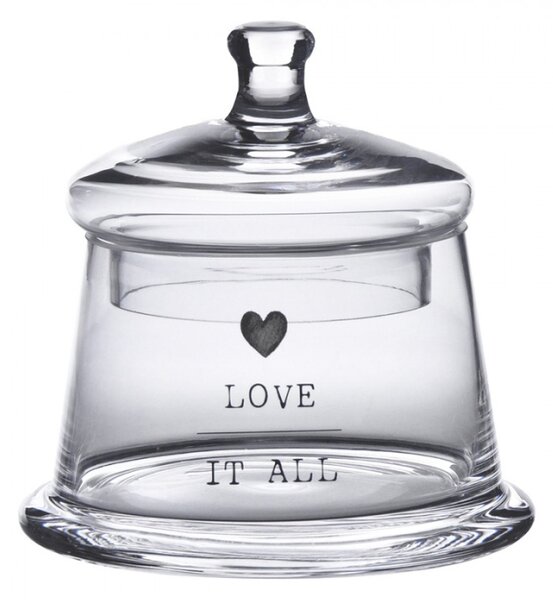 Skleněná dóza s víčkem s nápisem Love It All a srdíčkem – 12x13 cm