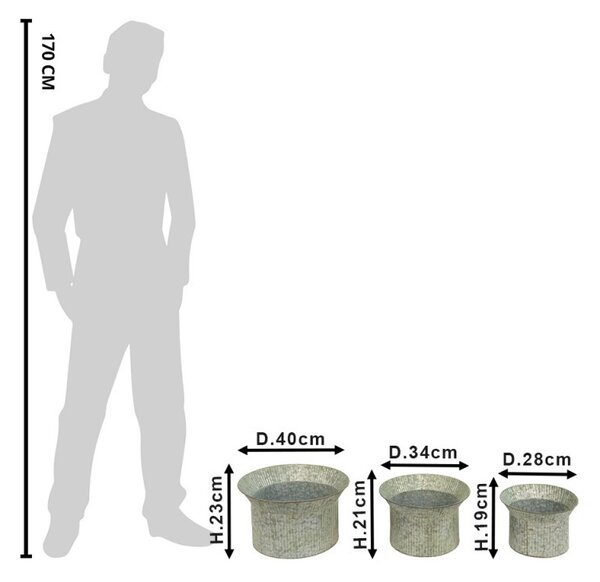 3ks šedý antik dekorační obal na květináč - Ø 40*23 / Ø 34*21 / Ø 28*19 cm - Clayre & Eef