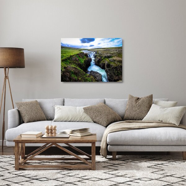 Skleněný obraz vodopádu mezi skalami (70x50 cm)
