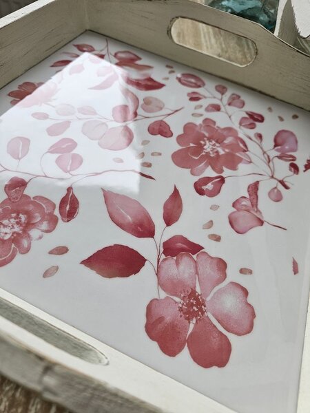 2ks dřevěný podnos s květinovým dekorem Tray Roses - 39*39*5/ 35*35*4 cm - J-Line by Jolipa