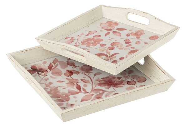 2ks dřevěný podnos s květinovým dekorem Tray Roses - 39*39*5/ 35*35*4 cm - J-Line by Jolipa