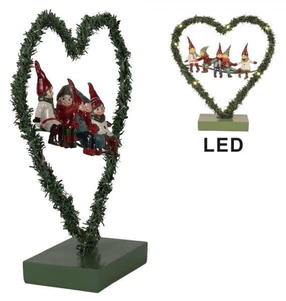Zelená vánoční dekorace srdce s trpaslíky s LED osvětlením – 26x9x28 cm