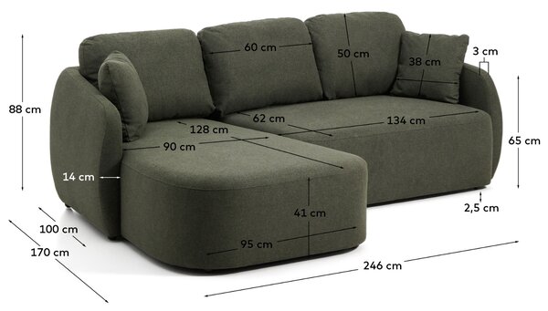 Kave Home Tmavě zelená rozkládací pohovka Laira 246 cm, levá