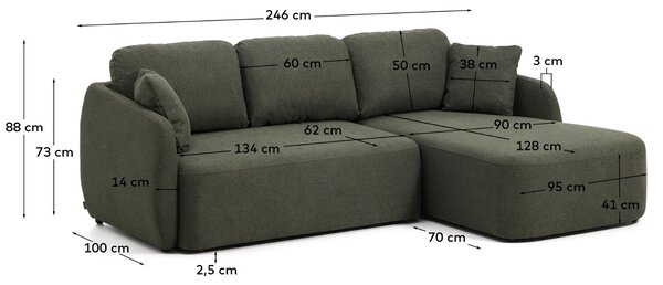 Kave Home Tmavě zelená rozkládací pohovka Laira 246 cm, pravá