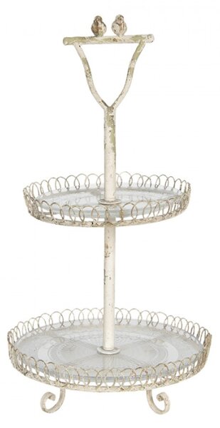 Vintage kovový etažér s patinou a dekoracemi ptáčků – 36x65 cm