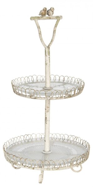 Vintage kovový etažér s patinou a dekoracemi ptáčků – 36x65 cm