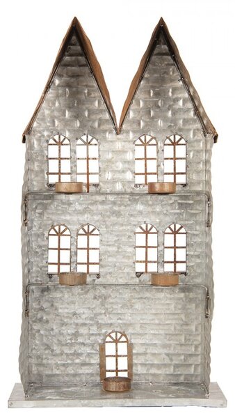 Šedý antik kovový svícen domek na 5 čajových svíček Gian - 30*13*54 cm - Clayre & Eef
