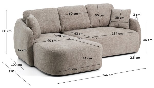 Kave Home Hnědošedá rozkládací pohovka Laira 246 cm, levá