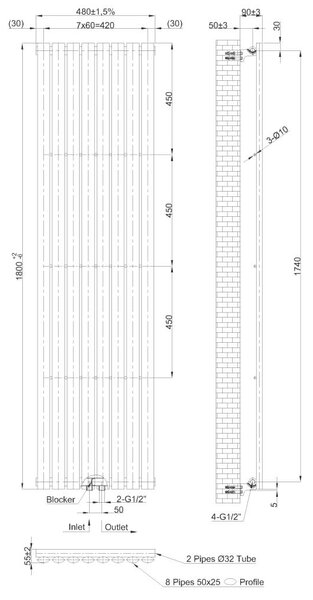 Invena Mono koupelnový radiátor designově 180x48 cm béžová/hnědá UG-10-K18