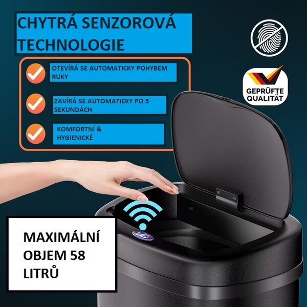 Bezdotykový odpadkový koš 58 l, černý 109592