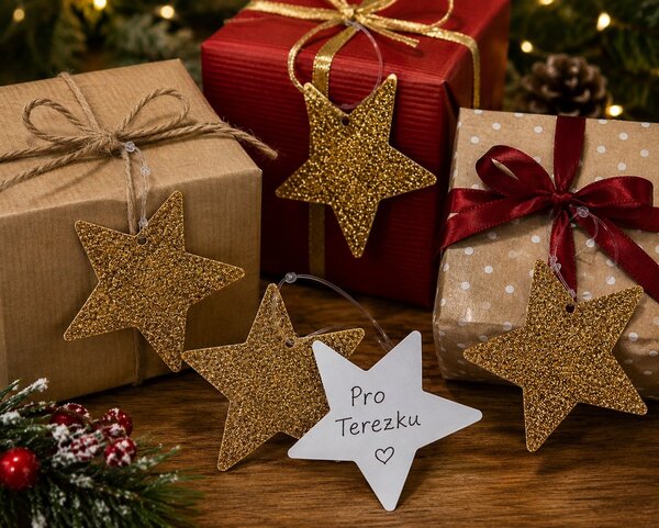 Papírové jmenovky na dárky – hvězdy tmavě zlaté – 9cm- 8 ks 8900003