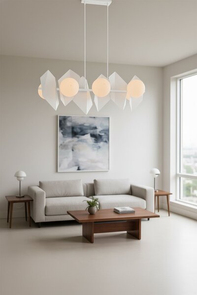 Závěsné svítidlo DRIFTON 6 – celobílé, sklo, 6× E14, šířka 100 cm