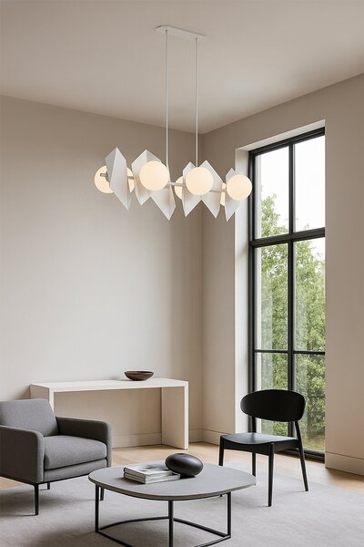 Závěsné svítidlo DRIFTON 6 – celobílé, sklo, 6× E14, šířka 100 cm