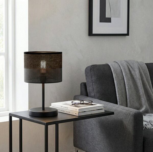 Stolní lampa KARBON LN1 – celočerná, textilní stínidlo, 1× E27, šířka 20 cm