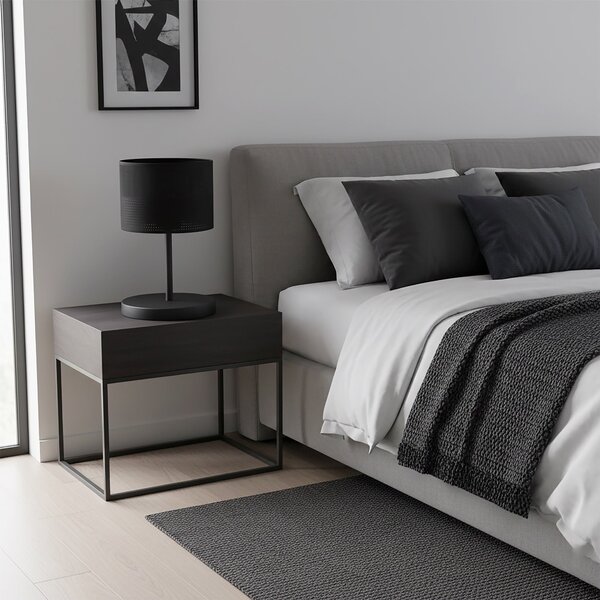 Stolní lampa KARBON LN1 – celočerná, textilní stínidlo, 1× E27, šířka 20 cm