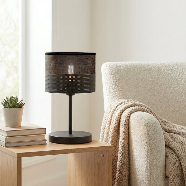 Stolní lampa KARBON LN1 – celočerná, textilní stínidlo, 1× E27, šířka 20 cm