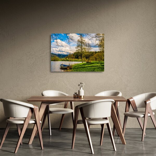 Skleněný obraz loďky u jezera (70x50 cm)