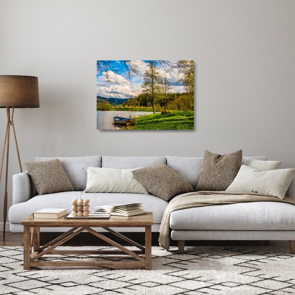 Skleněný obraz loďky u jezera (70x50 cm)