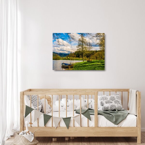 Skleněný obraz loďky u jezera (70x50 cm)