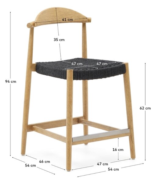 Dřevěná barová židle Kave Home Nina 62 cm s černým výpletem