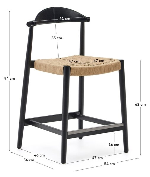 Černá dřevěná barová židle Kave Home Nina 62 cm s výpletem