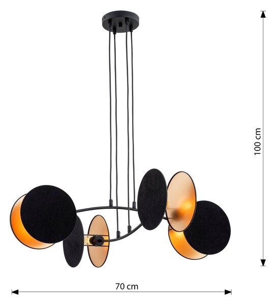 Závěsné svítidlo MOTIF 4 – černé, zlatá textilní stínidla, 4× E27, šířka 70 cm