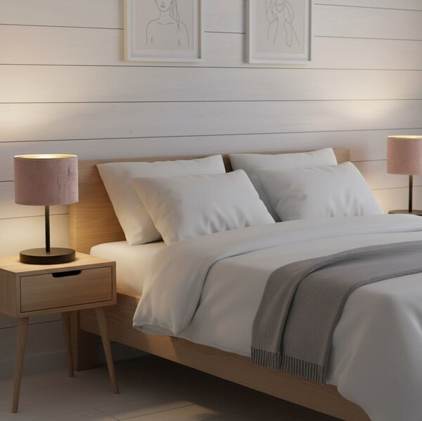 Stolní lampa HILDE LN1 – černá, růžové textilní stínidlo, 1× E27, šířka 18 cm