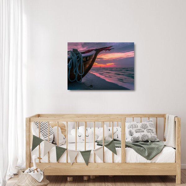 Skleněný obraz loďky na břehu (70x50 cm)