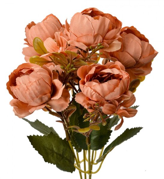 Umělá rostlina trs oranžových pivoňěk s lístky – 34 cm