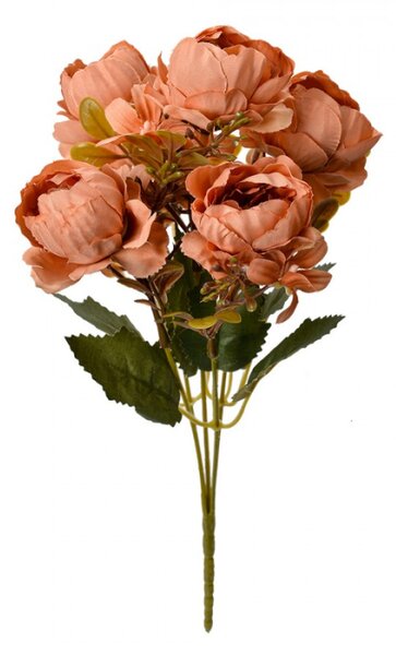 Umělá rostlina trs oranžových pivoňěk s lístky – 34 cm
