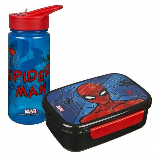 Svačinový box box Spiderman s přihrádkou, CHLEBAŘSKÝ TAŠKA + LAHEV NA PITÍ 500ML