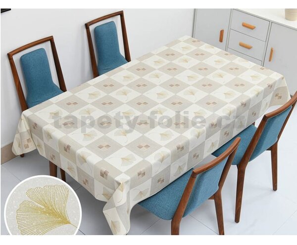 Ubrus PVC 3581544, metráž, 20 m x 140 cm, káro krémové s ginkgo, IMPOL TRADE