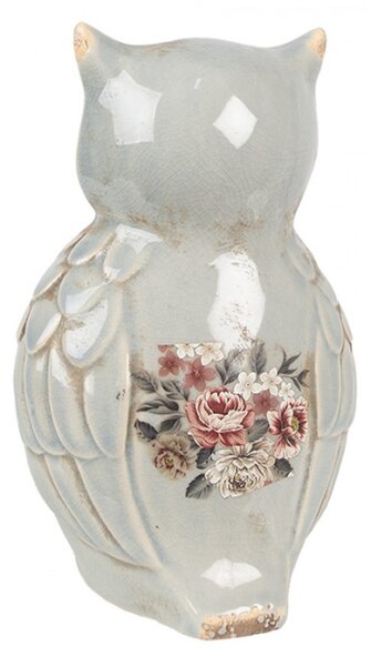 Keramická dekorace socha malé šedé sovy s kvítím Masselin L – 13x12x22 cm