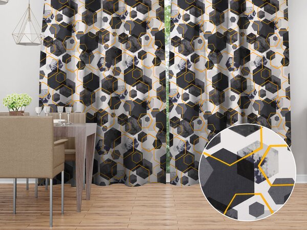 Biante Bavlněný závěs Sandra SA-568 Šedo-modrofialové mramorové hexagony na bílém 150x140 cm