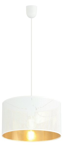 Závěsné svítidlo ASTON 1 – bílé, zlaté textilní stínidlo, 1× E27, šířka 35 cm