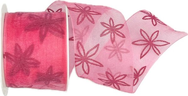 Stuha organzová PINK FLOWERS růžová 40mm x 2m (13,-Kč/m)