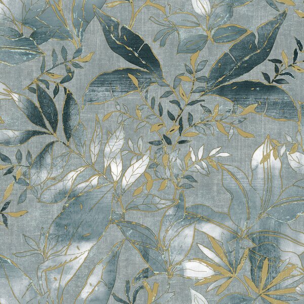 Vliesová tapeta na zeď, modrá, zlatá, listy a větvičky, AU41704, Aurelia, Prestige Wallcoverings