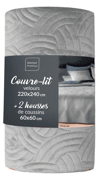 Šedý sametový set přehozu a povlaku na polštář 220x240 cm Solange – douceur d'intérieur