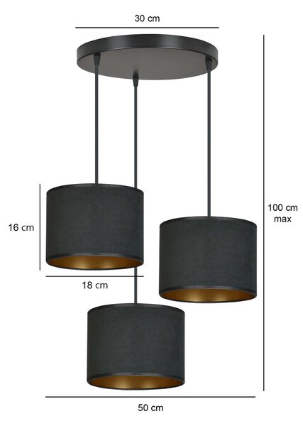 Závěsné svítidlo HILDE 3 PREM – celočerné, textilní stínidla, 3× E27, šířka 50 cm