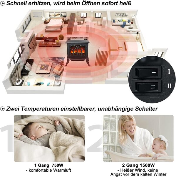 Elektrický krb QEENTOE s topným ventilátorem, LED efektem plamenů, krbový sporák s efektem plamenů, elektrický krb, 2 stupně topení, topný ohřívač, tichý provoz (černá barva)