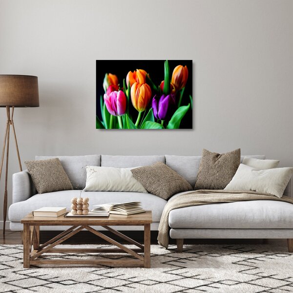Skleněný obraz tulipánů na černém pozadí (70x50 cm)