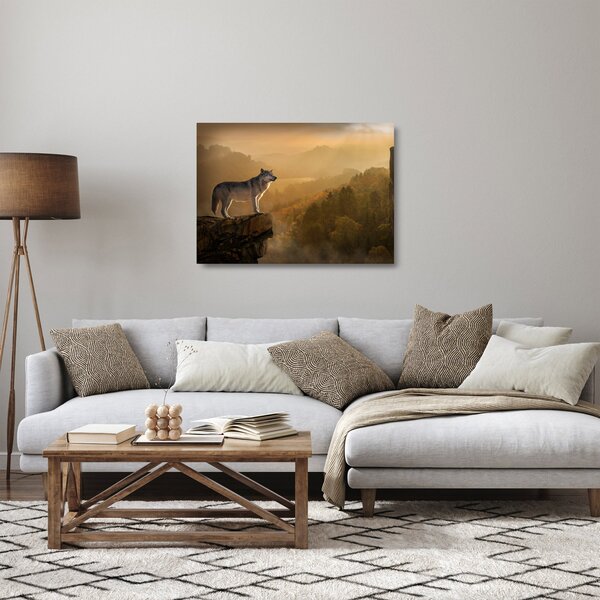 Skleněný obraz vlka na skále (70x50 cm)