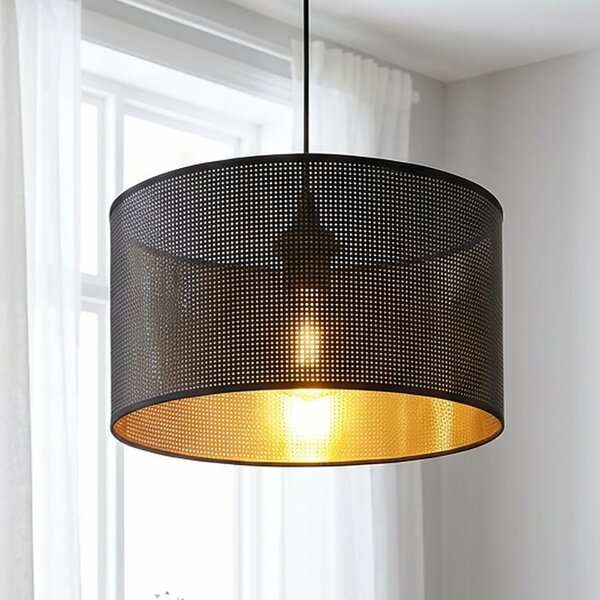 Závěsné svítidlo ASTON 1 – černé, zlaté textilní stínidlo, 1× E27, šířka 35 cm