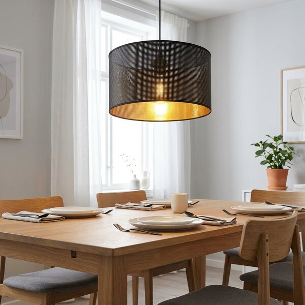 Závěsné svítidlo ASTON 1 – černé, zlaté textilní stínidlo, 1× E27, šířka 35 cm