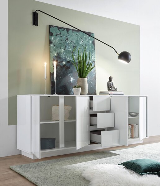 ŠIROKÁ KOMODA, vysoce lesklá bílá, 210/79/43 cm MID.YOU - Šuplíkové komody, Online Only