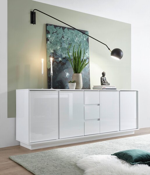 ŠIROKÁ KOMODA, vysoce lesklá bílá, 210/79/43 cm MID.YOU - Šuplíkové komody, Online Only
