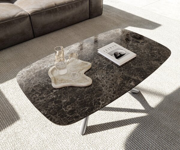 DELIFE Konferenční stolek Edge Boot 120x70 cm keramika Laminam® Emperador Extra Lucidato tmavě hnědá Sarity nerezová ocel broušená