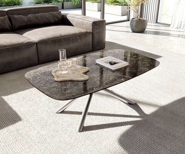 DELIFE Konferenční stolek Edge Boot 120x70 cm keramika Laminam® Emperador Extra Lucidato tmavě hnědá Sarity nerezová ocel broušená