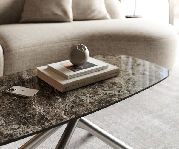 DELIFE Konferenční stolek Edge Boot 100x50 cm keramika Laminam® Emperador Extra Lucidato tmavě hnědá Sarity nerezová ocel broušená